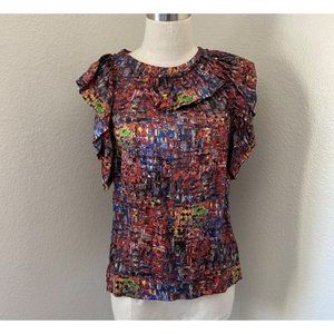3.1 Phillip Lim Multicolor Geo Print Blouse 100% Silk Lightweight Pleated Ruffle